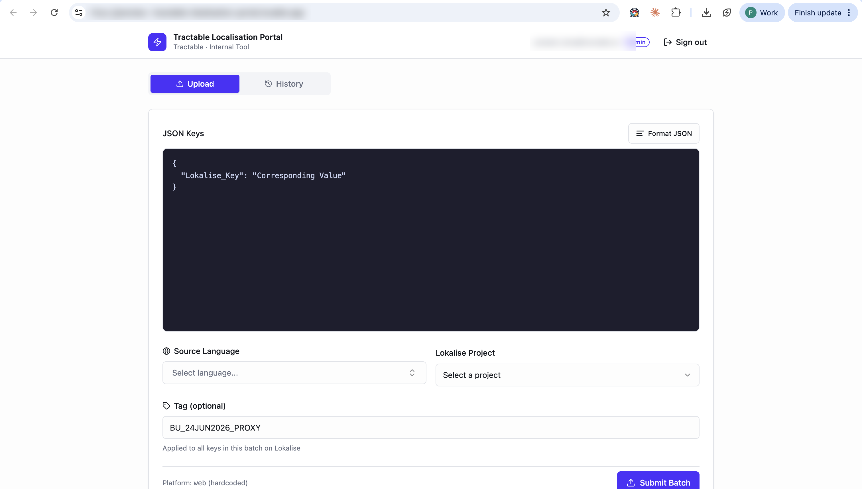 Localization proxy tool upload screen: paste JSON keys, pick source language and Lokalise project, tag the batch, submit